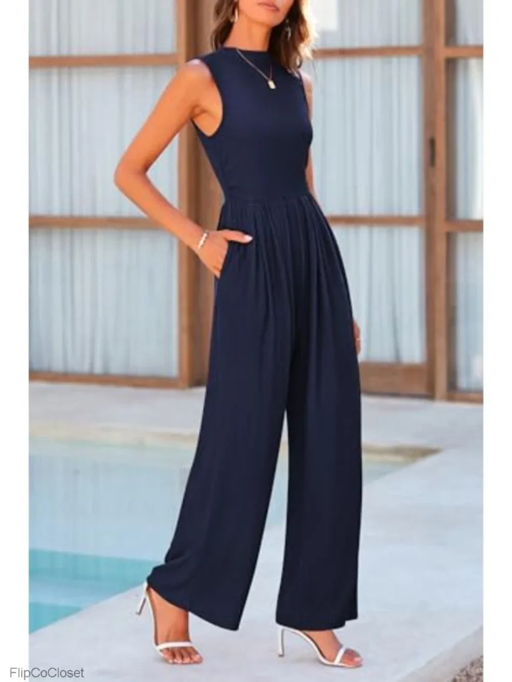 Sleeveless Wide Leg Jumpsuit with Pockets Ribbed Knit Mock Neck Dressy Summer